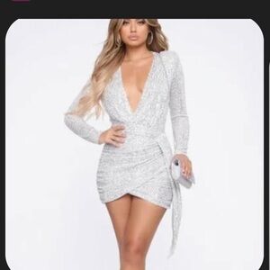 Fashion Nova Shimmering Silver Long Sleeve Dress